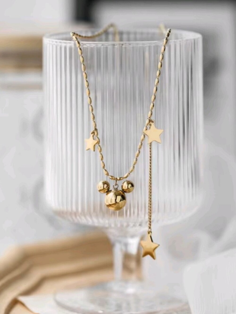 Mouse Ears Star Dangle Necklace 316L Stainless Steel Gold Tone Disney Inspired